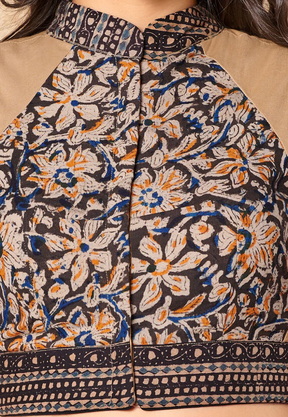 Kalamkari Printed Cotton Blouse in Beige and Black