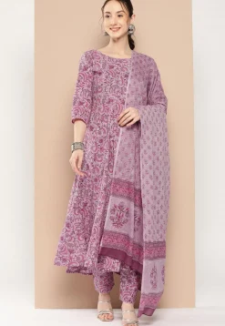 Kalamkari Printed Cotton A Line Suit in Dusty Pink