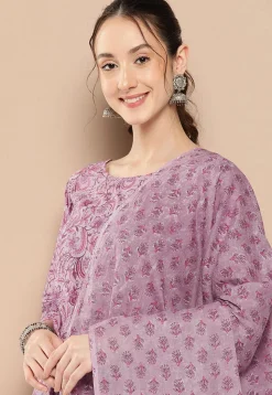 Kalamkari Printed Cotton A Line Suit in Dusty Pink