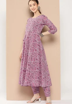 Kalamkari Printed Cotton A Line Suit in Dusty Pink