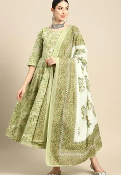 Kalamkari Printed Cotton A Line Suit in Light Olive Green