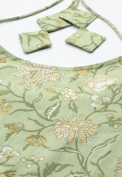 Kalamkari Printed Cotton A Line Suit in Light Olive Green