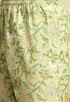 Kalamkari Printed Cotton A Line Suit in Light Olive Green