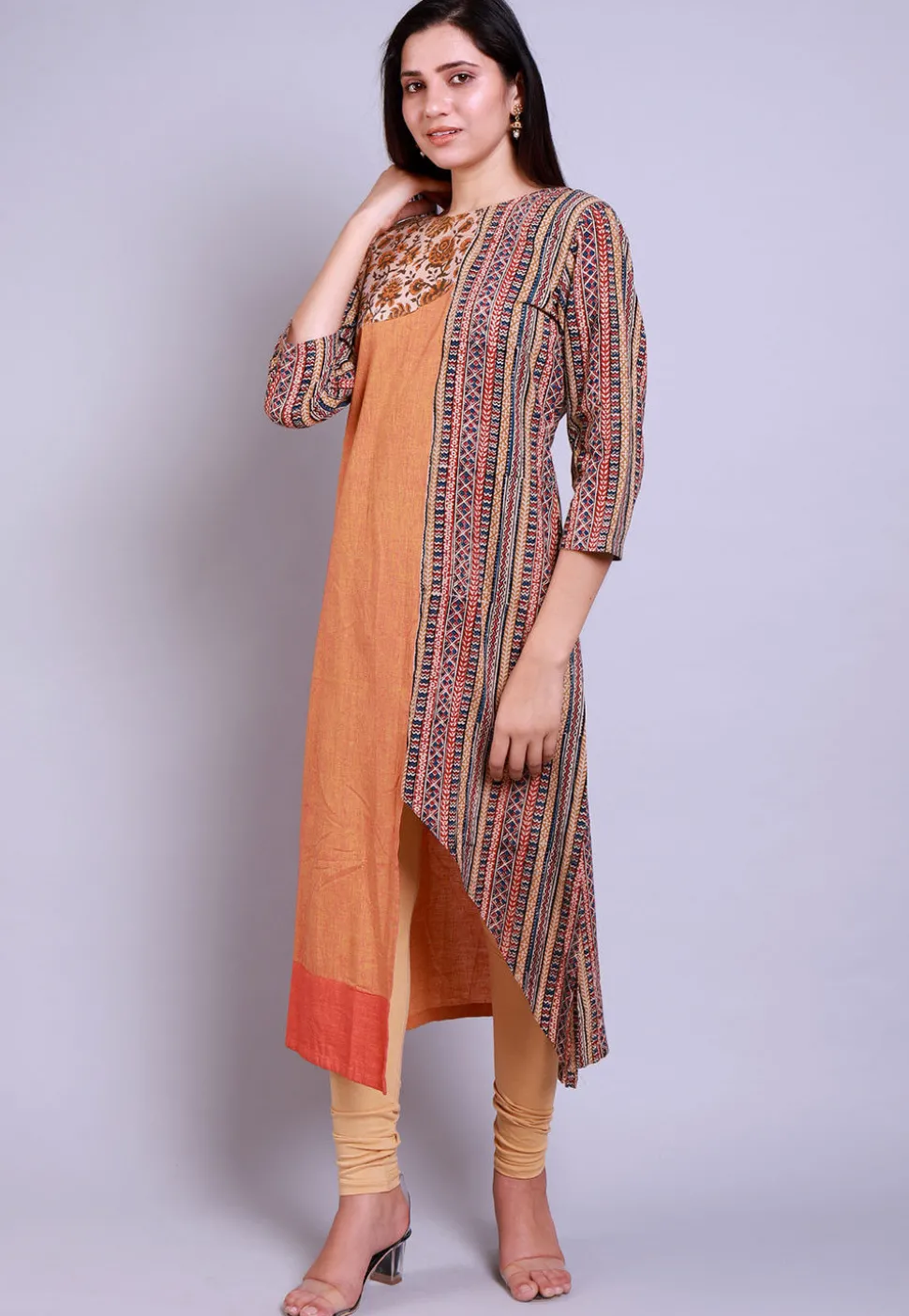 Kalamkari Printed cotton Asymmetric Kurta in Multicolor