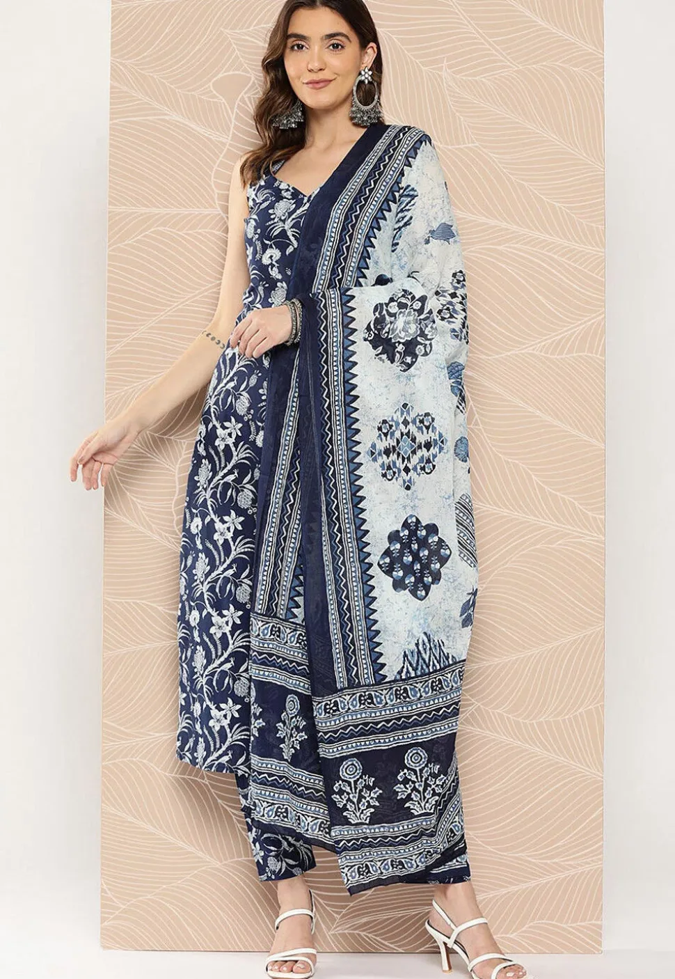 Kalamkari Printed Cotton A Line Suit in Navy Blue