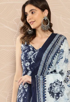 Kalamkari Printed Cotton A Line Suit in Navy Blue