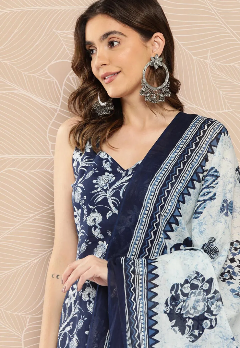 Kalamkari Printed Cotton A Line Suit in Navy Blue