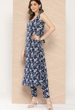 Kalamkari Printed Cotton A Line Suit in Navy Blue