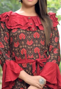 Kalamkari Printed Rayon Long Kurta in Red and Black