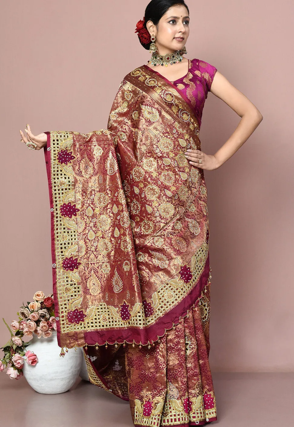 Kanchipuram Pure Silk Saree in Maroon and Golden