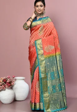 Kanchipuram Pure Silk Saree in Coral Pink