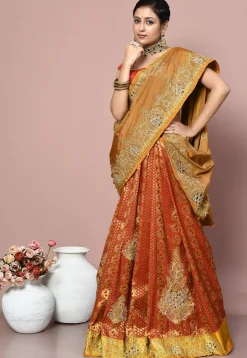 Kanchipuram Pure Silk Two Part Saree in Mustard and Red