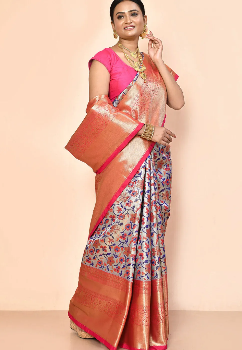 Kanchipuram Saree in Golden and Silver Dual Tone