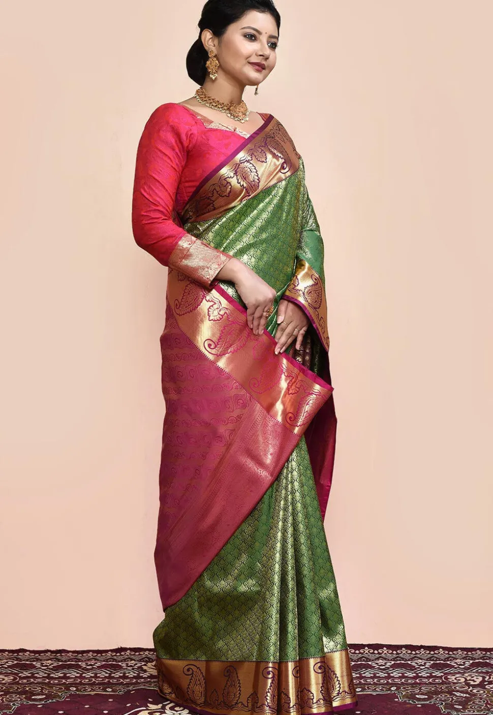 Kanchipuram Saree in Green and Golden