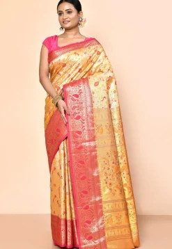 Kanchipuram Saree in Yellow and Silver Dual Tone
