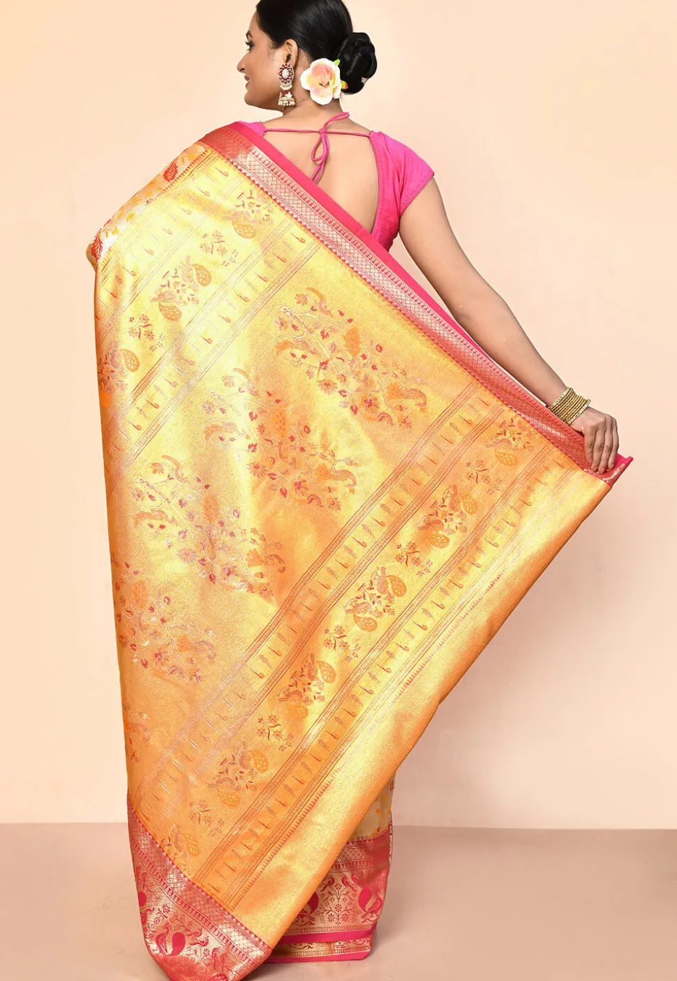 Kanchipuram Saree in Yellow and Silver Dual Tone