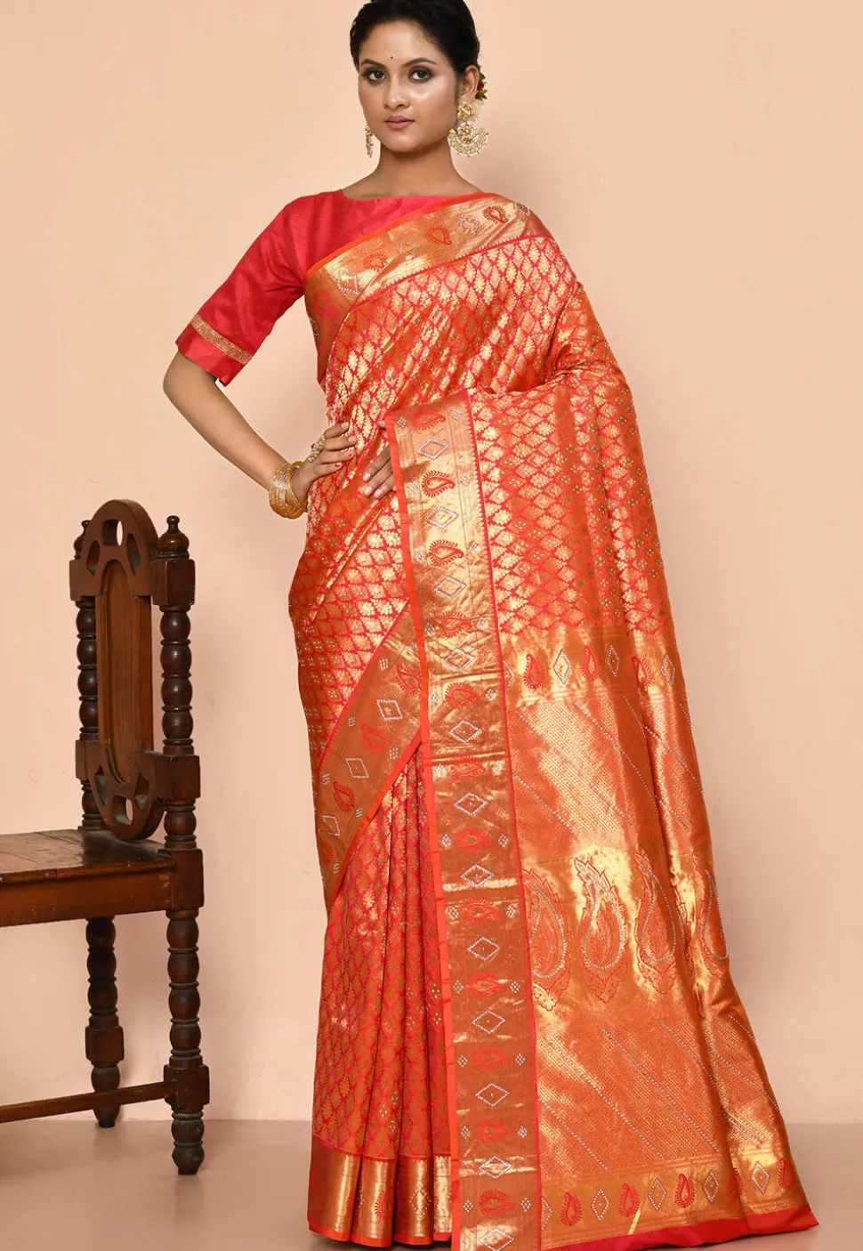 Kanchipuram Silk Embellished Saree in Coral Pink