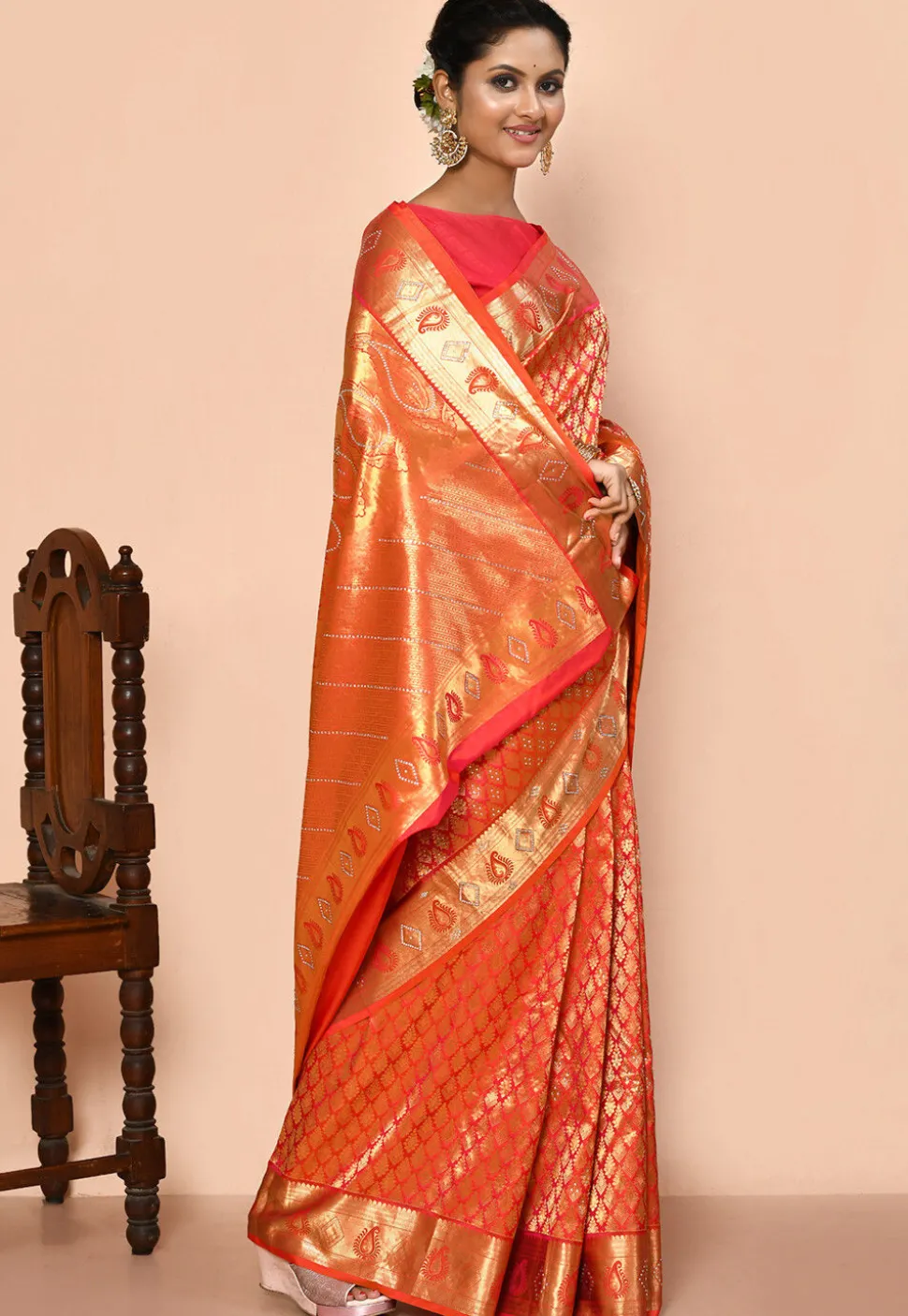 Kanchipuram Silk Embellished Saree in Coral Pink