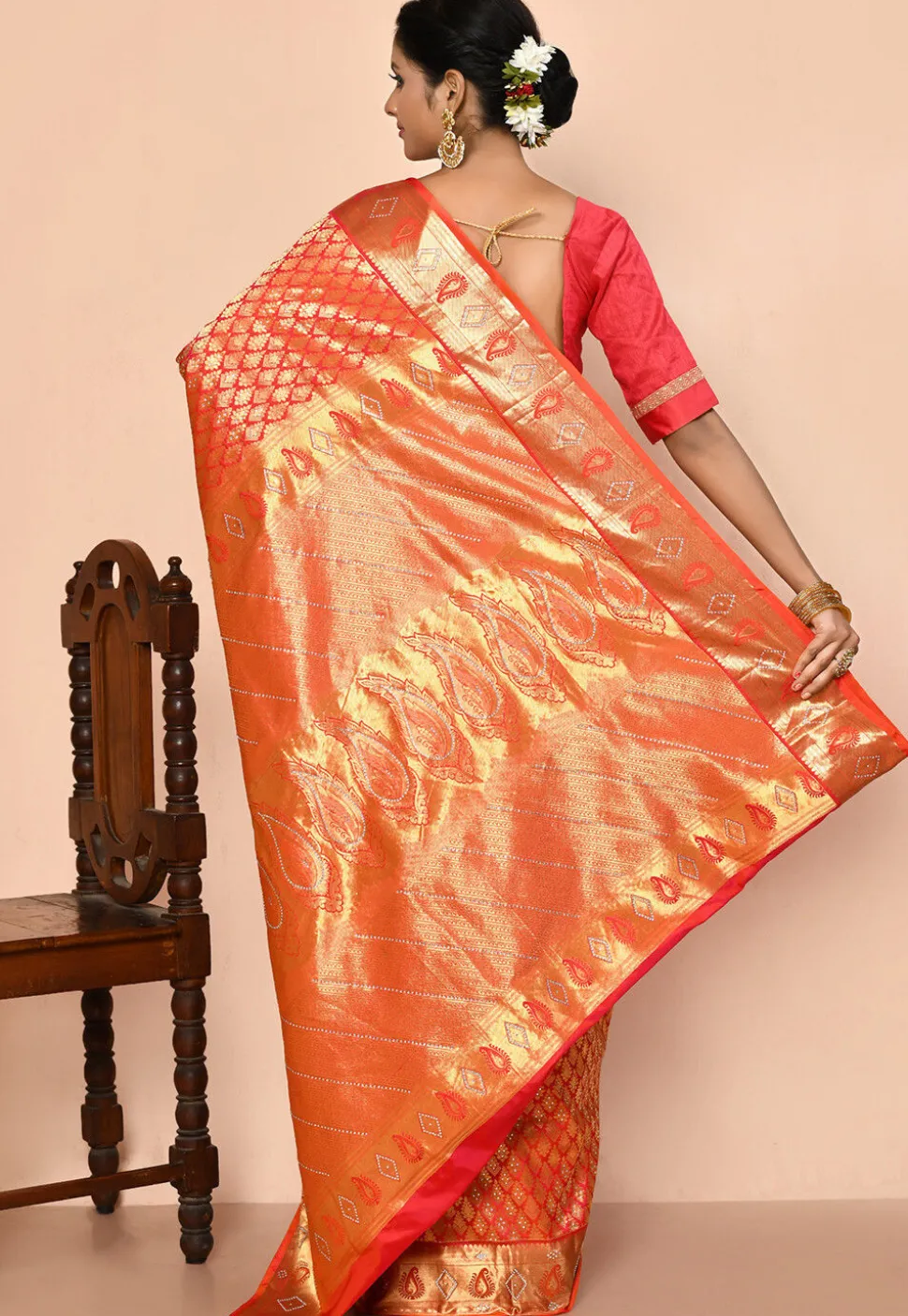 Kanchipuram Silk Embellished Saree in Coral Pink