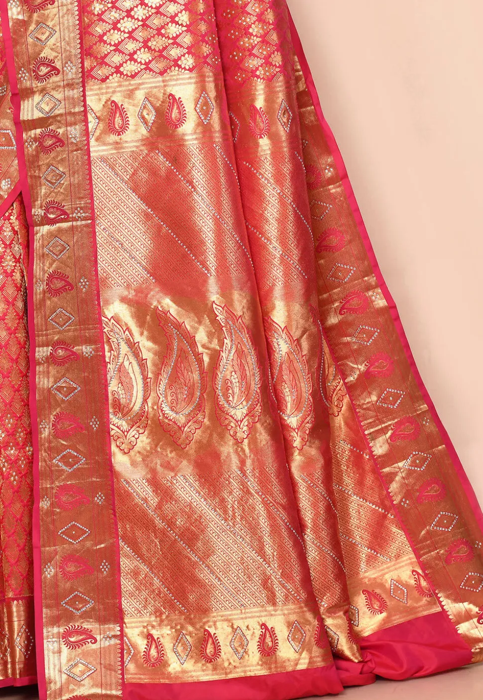 Kanchipuram Silk Embellished Saree in Coral Pink