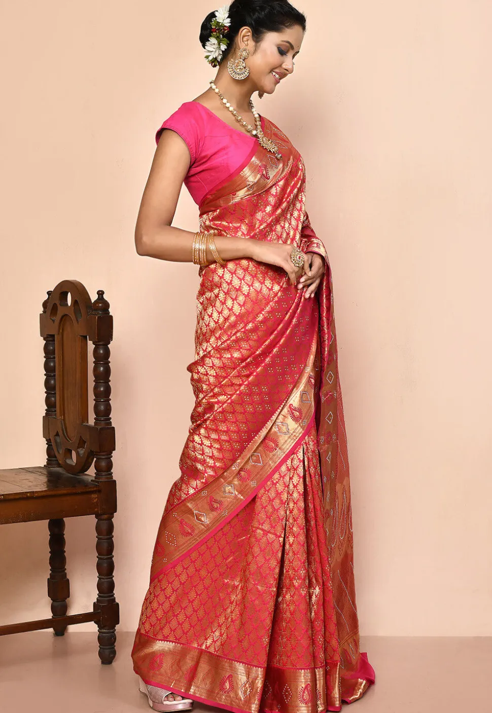 Kanchipuram Silk Embellished Saree in Coral Pink