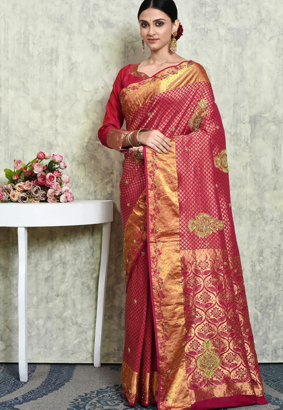 Kanchipuram Silk Embellished Saree in Fuchsia