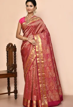 Kanchipuram Silk Embellished Saree in Coral Pink