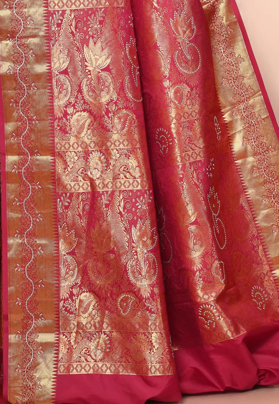 Kanchipuram Silk Embellished Saree in Coral Pink