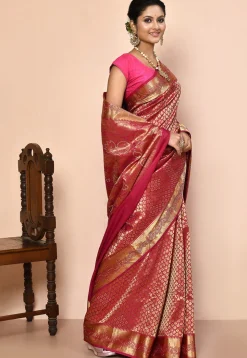 Kanchipuram Silk Embellished Saree in Coral Pink