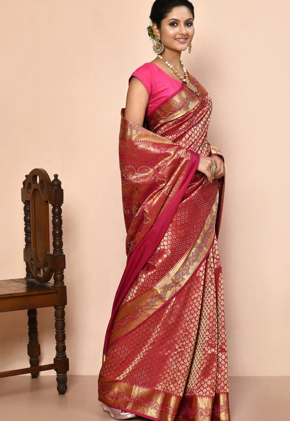 Kanchipuram Silk Embellished Saree in Coral Pink