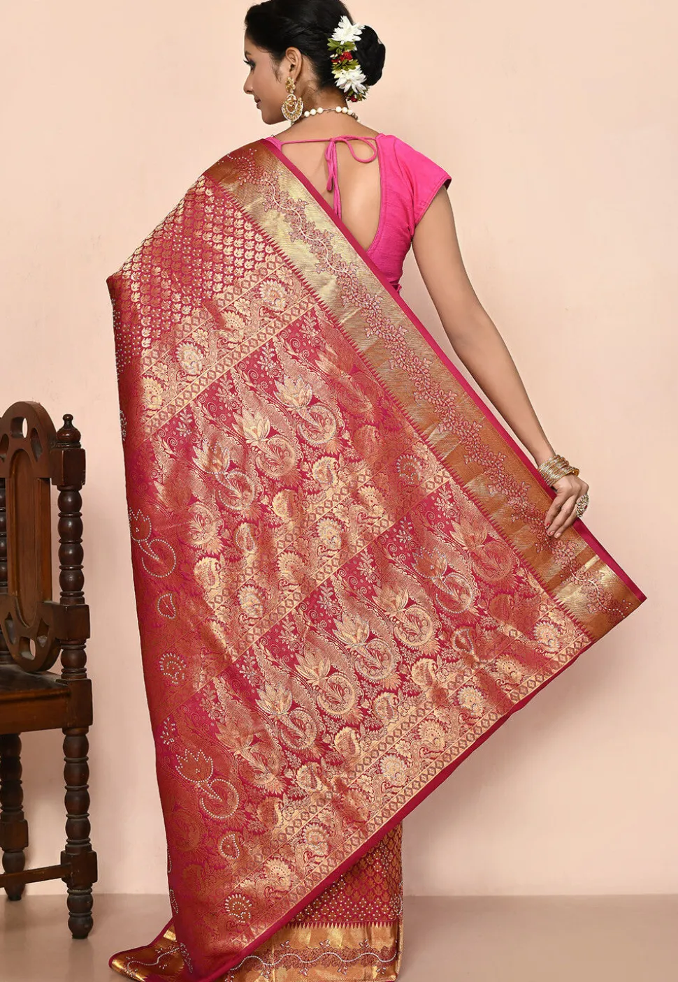 Kanchipuram Silk Embellished Saree in Coral Pink
