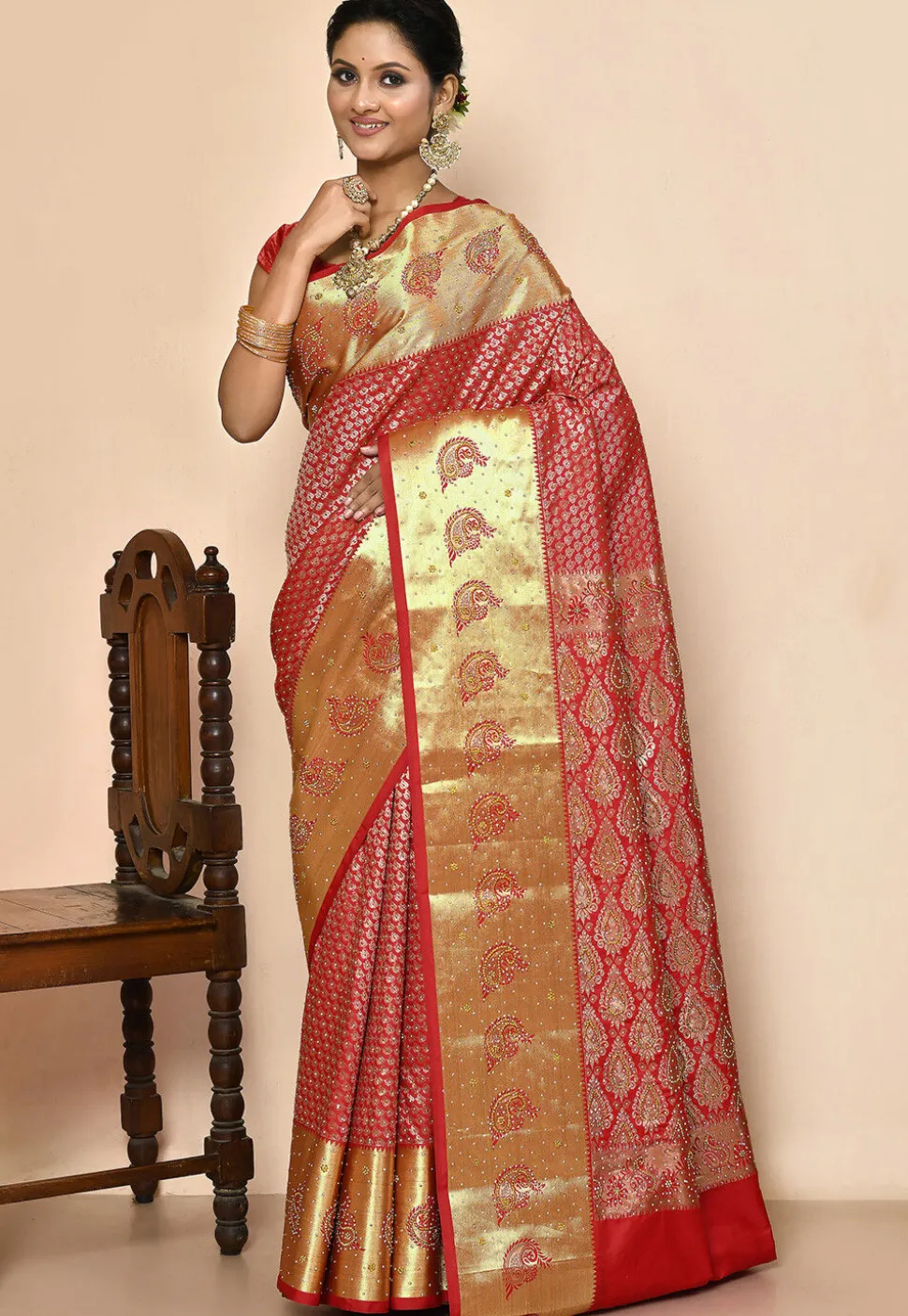 Kanchipuram Silk Embellished Saree in Red