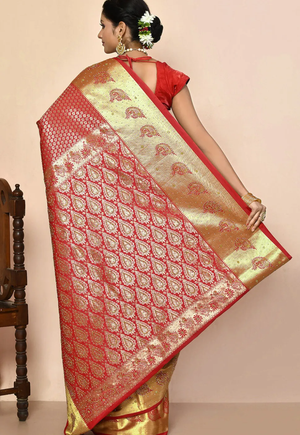 Kanchipuram Silk Embellished Saree in Red