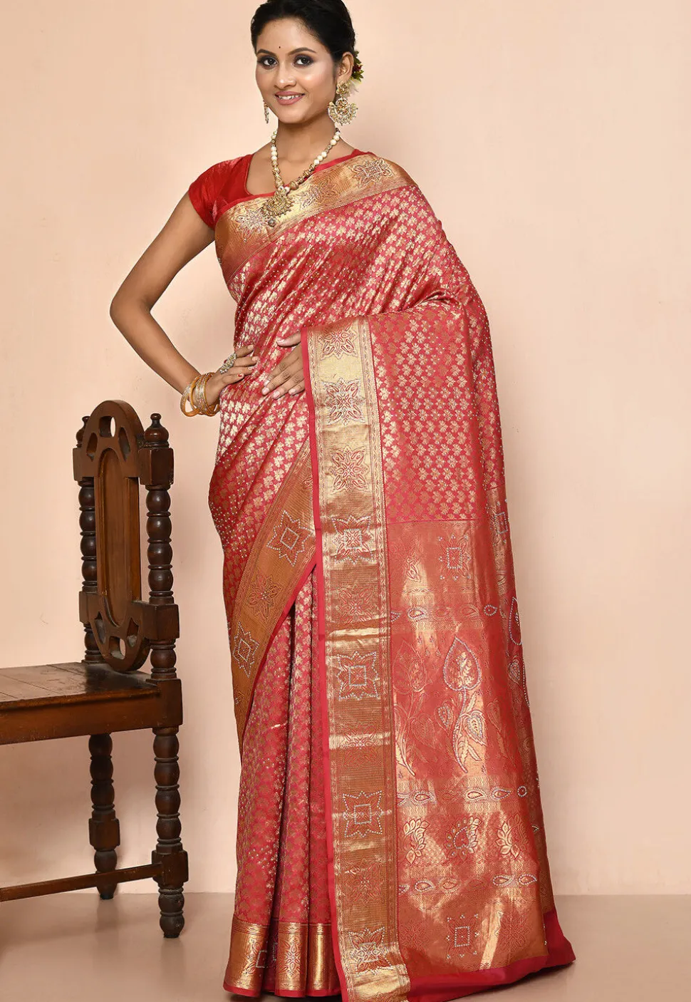 Kanchipuram Silk Embellished Saree in Coral Pink