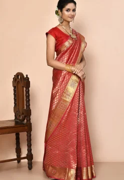Kanchipuram Silk Embellished Saree in Coral Pink