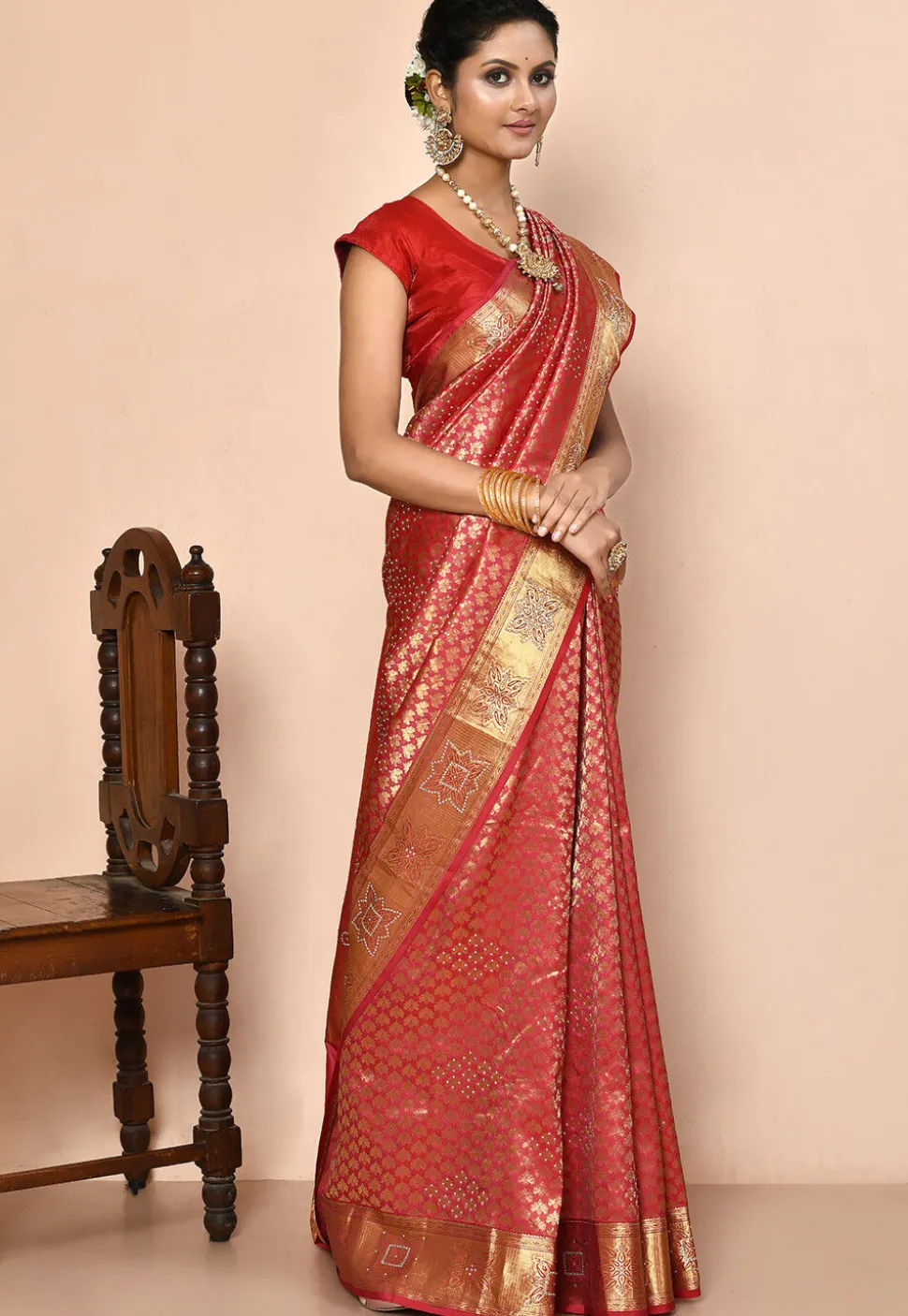 Kanchipuram Silk Embellished Saree in Coral Pink