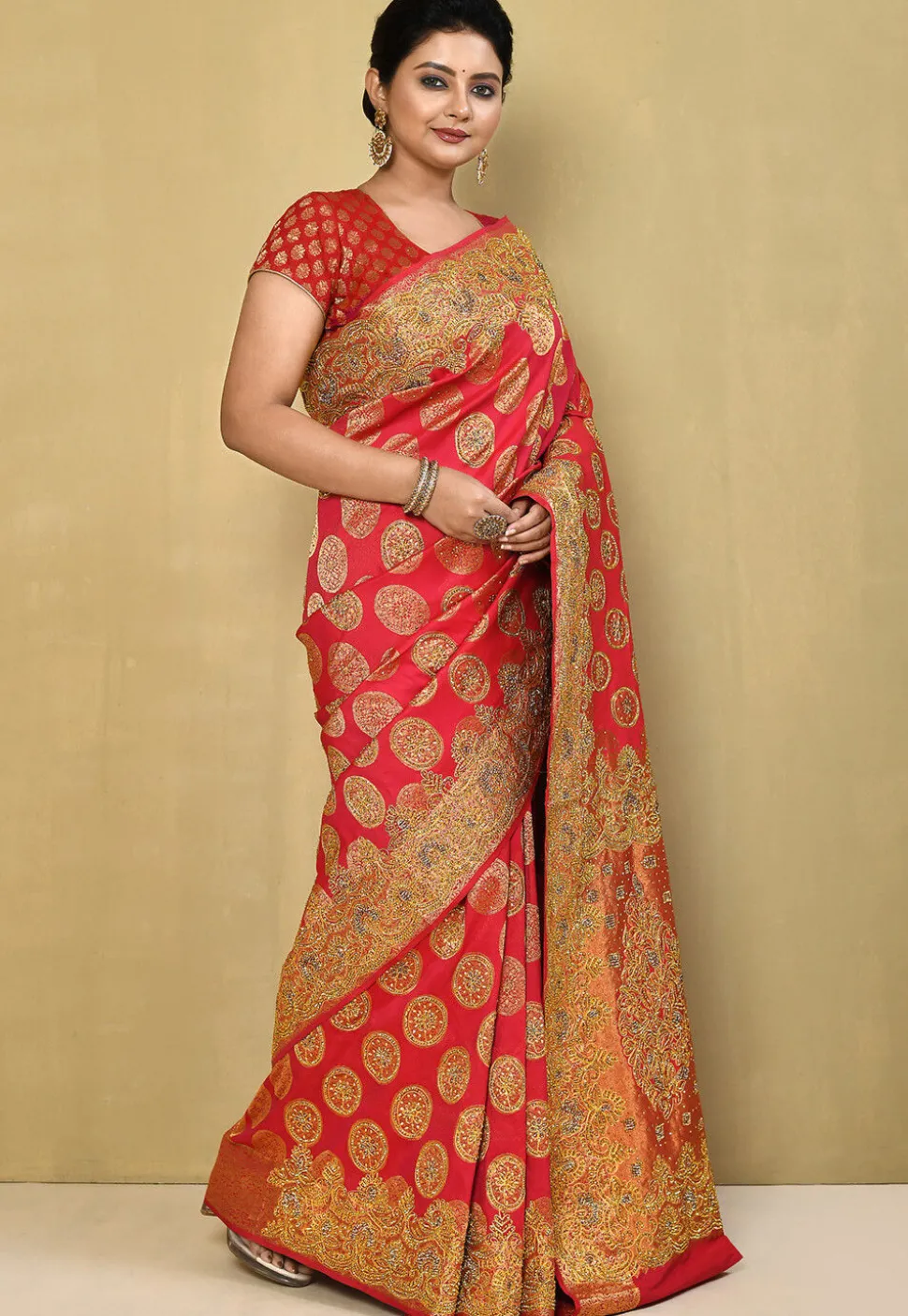Kanchipuram Silk Saree in Coral Red