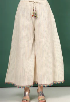 Kantha Embroidered Pure Cotton Palazzo in Cream