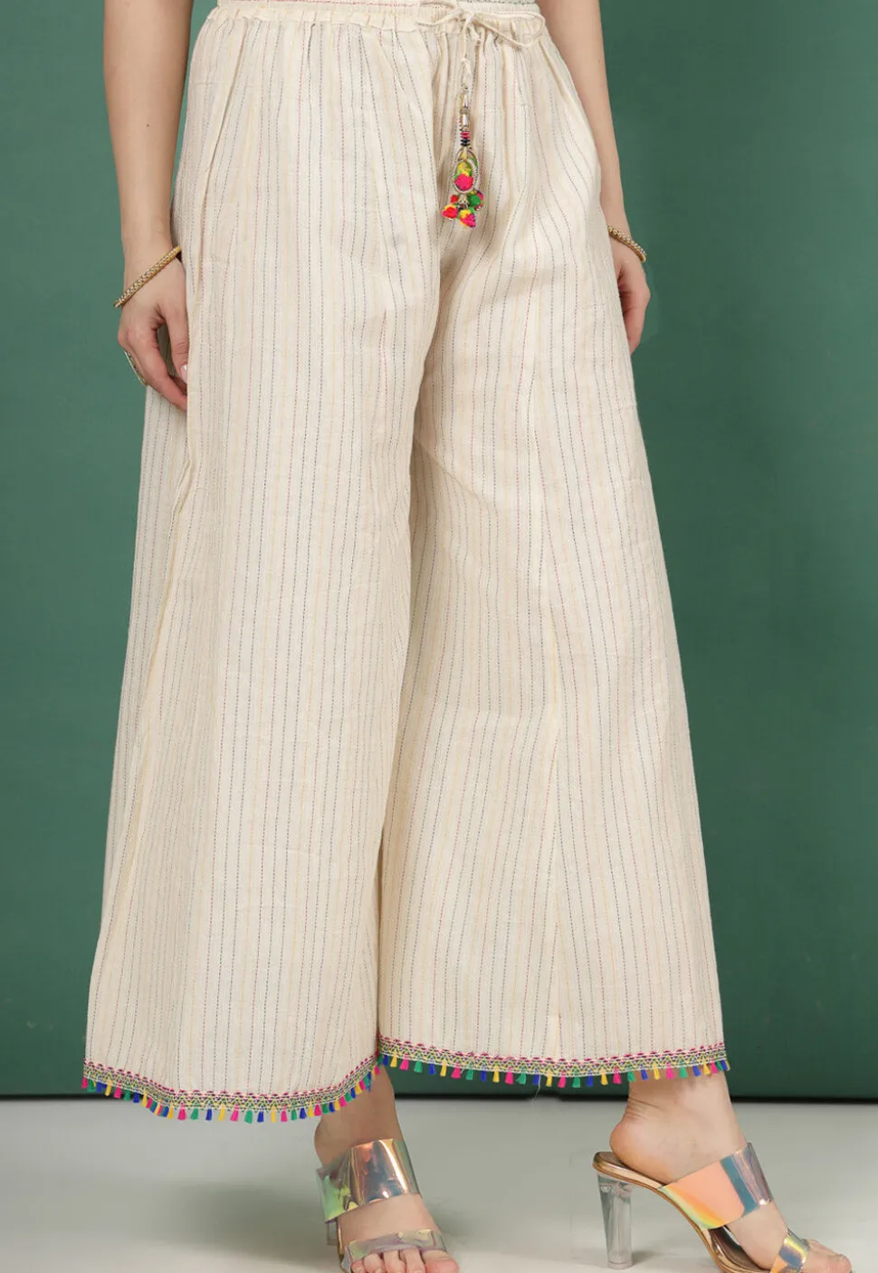 Kantha Embroidered Pure Cotton Palazzo in Cream