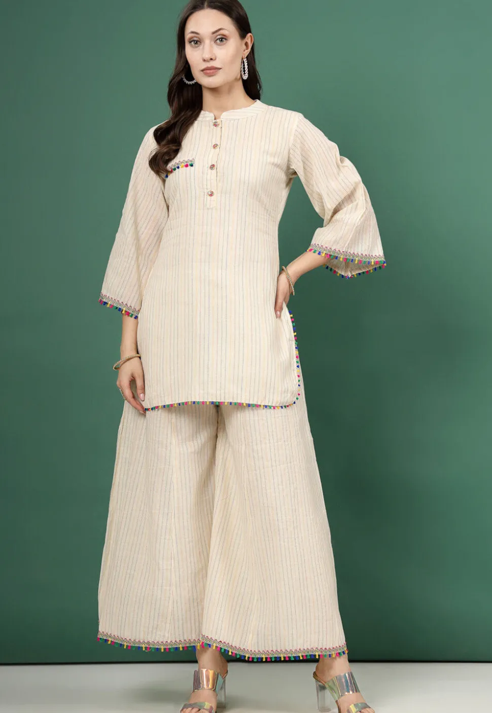 Kantha Embroidered Pure Cotton Palazzo in Cream