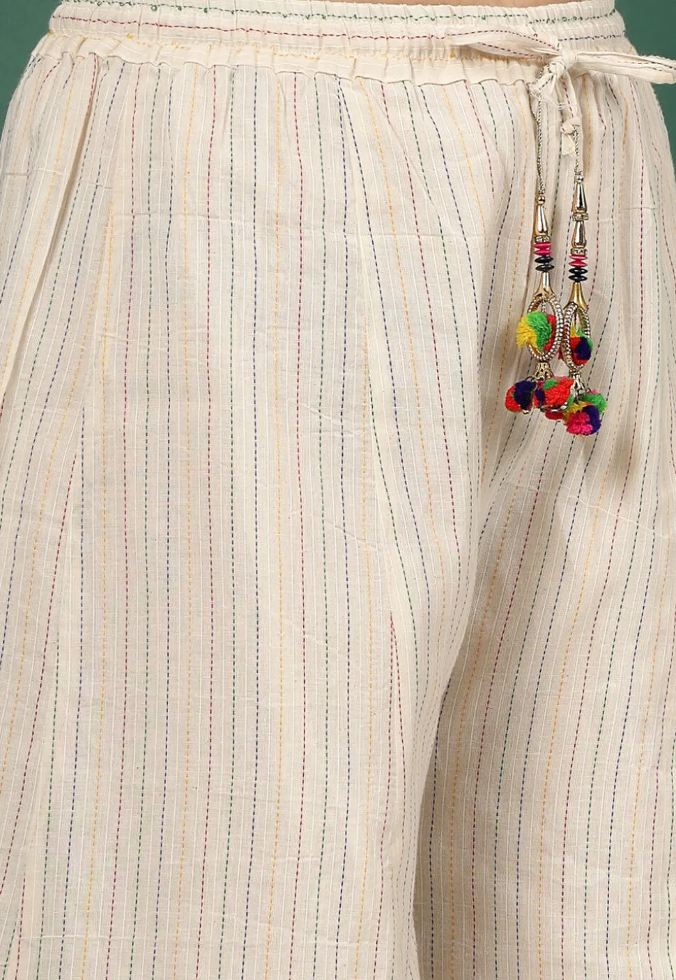Kantha Embroidered Pure Cotton Palazzo in Cream