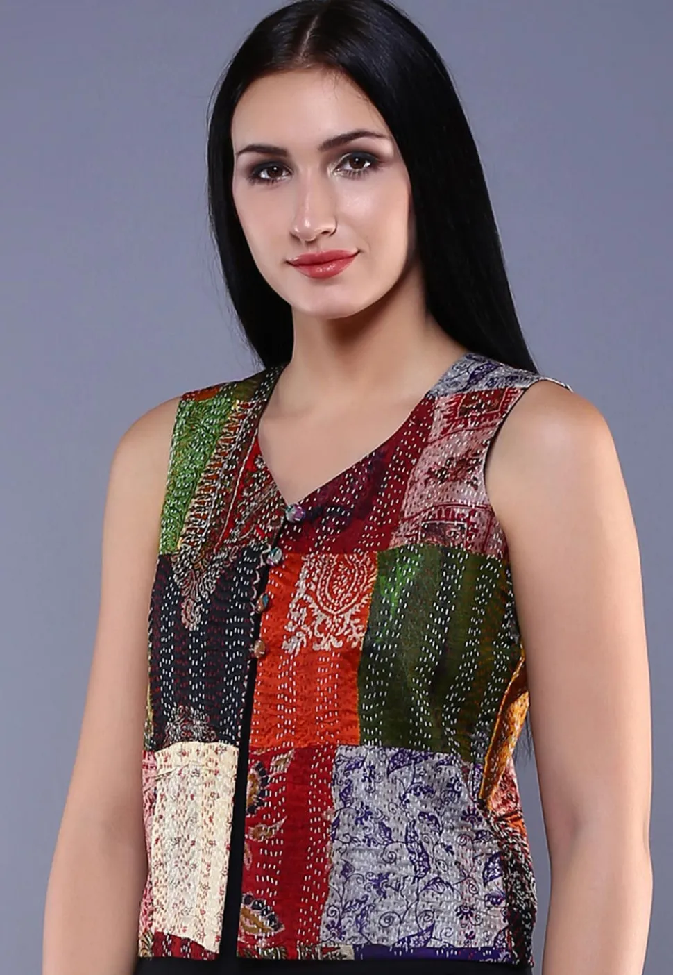 Kantha Embroidered Pure Silk Jacket in Multicolor