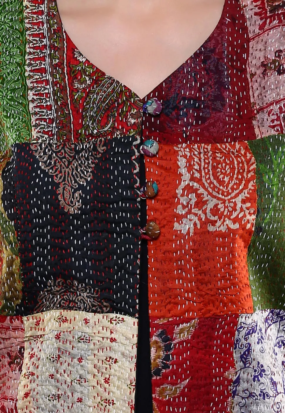 Kantha Embroidered Pure Silk Jacket in Multicolor