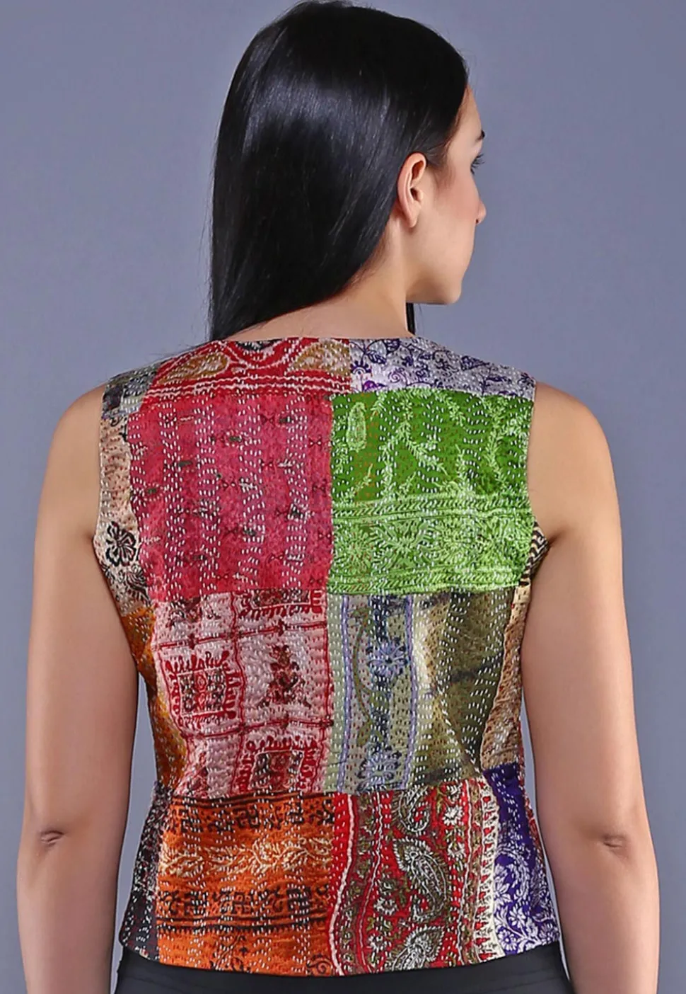 Kantha Embroidered Pure Silk Jacket in Multicolor