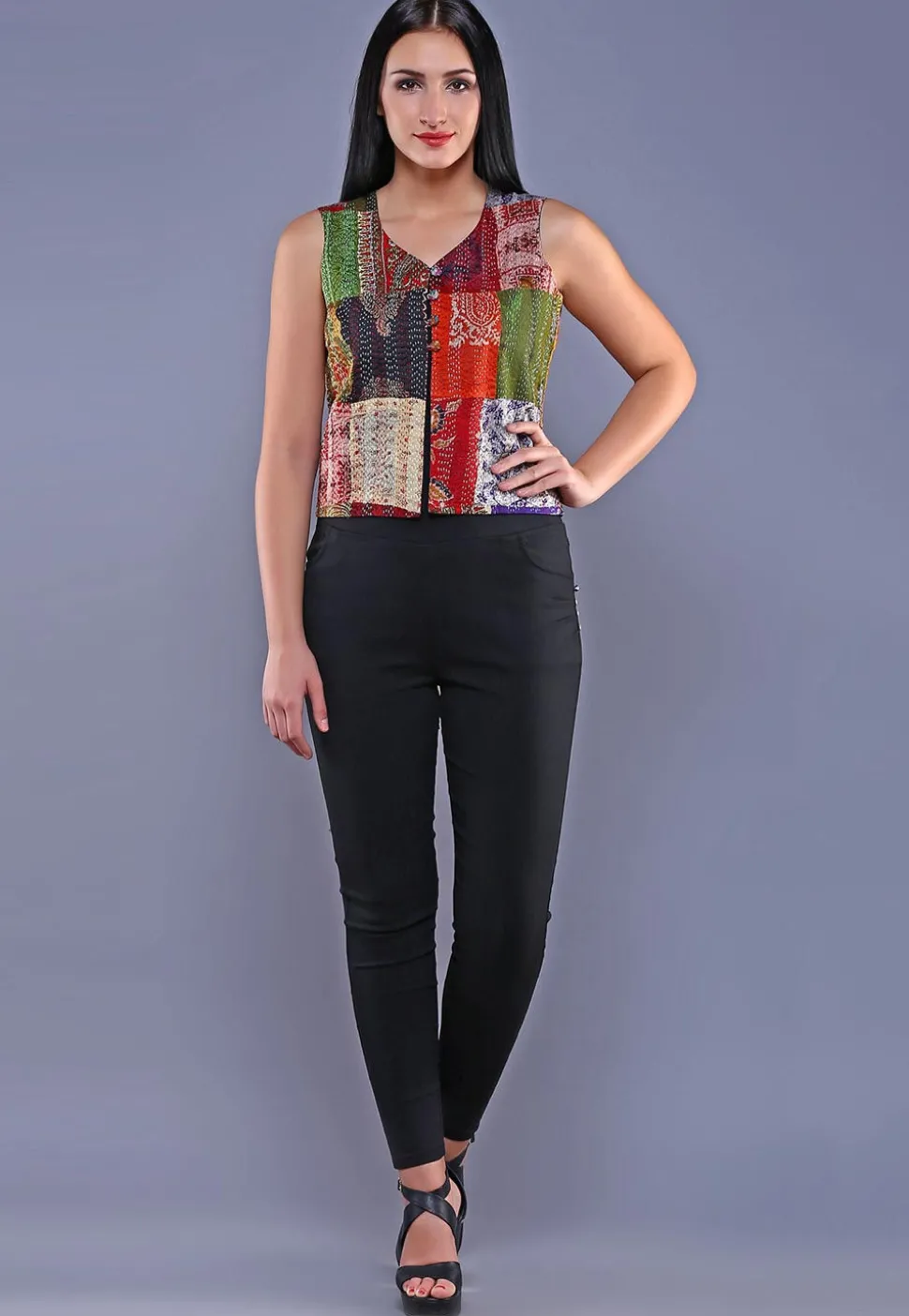 Kantha Embroidered Pure Silk Jacket in Multicolor