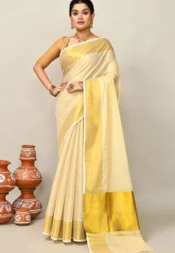 Kerala Kasavu Pure Cotton Saree in Beige