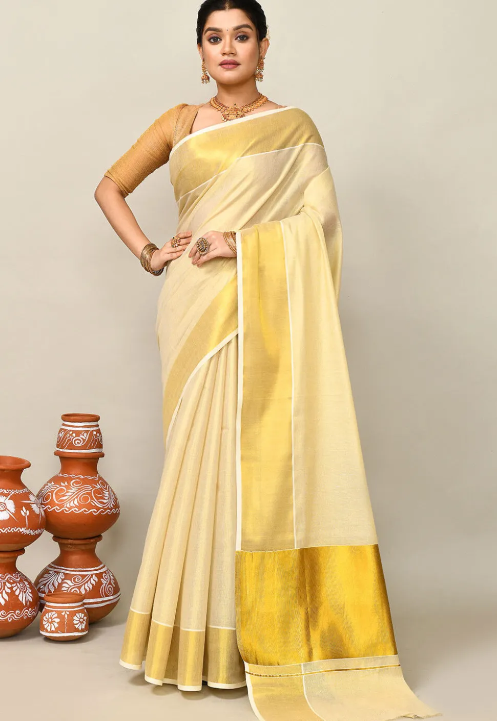 Kerala Kasavu Pure Cotton Saree in Beige
