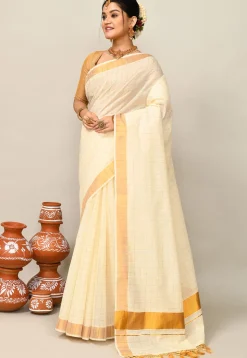 Kerala Kasavu Pure Cotton Saree in Cream
