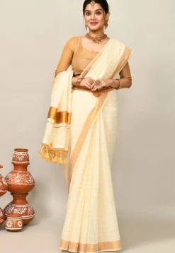 Kerala Kasavu Pure Cotton Saree in Cream