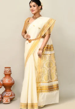 Kerala Kasavu Pure Cotton Saree in Off White